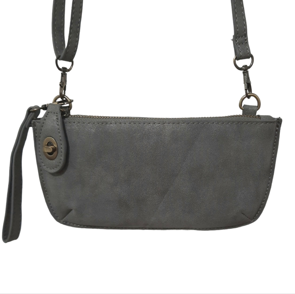 Joy Susan Faux Suede Crossbody Wristlet Grey Silver Adjustable Strap Vegan